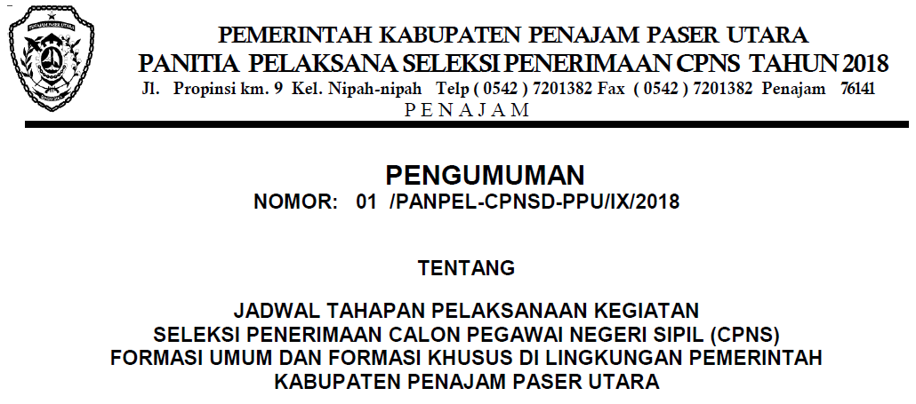 PENGUMUMAN TENTANG JADWAL TAHAPAN PELAKSANAAN KEGIATAN SELEKSI PENERIMAAN CPNSD FORMASI UMUM DAN KHUSUS DI LINGKUNGAN PEMKAB PPU